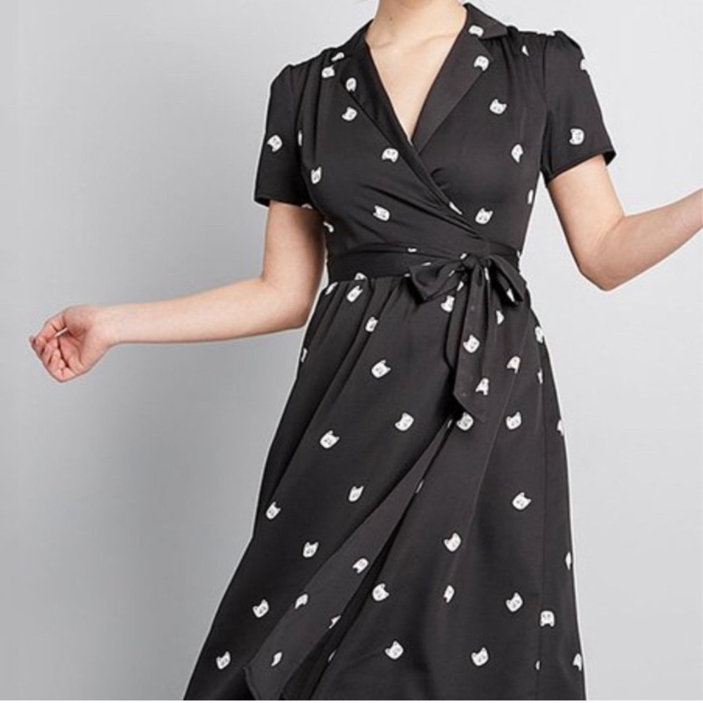 ISO Modcloth Black and White Wrap Dress with Cat Print